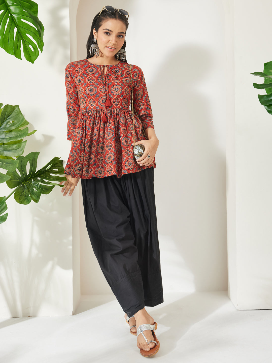Janasya Rust Peplum Cotton Top | Grocsy