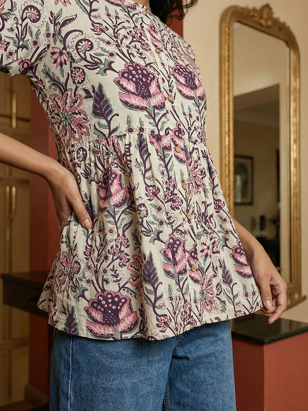 Janasya Off White Gathered Cotton Top | Grocsy