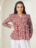 Janasya Rust Shirt Style Cotton Top | Grocsy