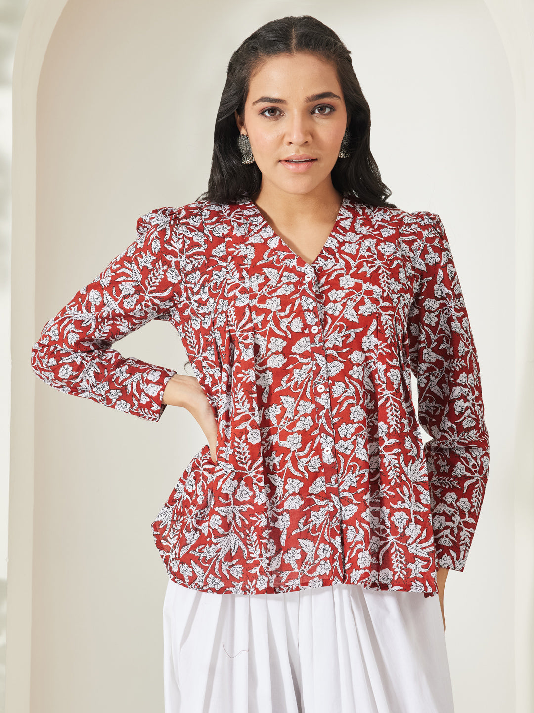 Janasya Rust Shirt Style Cotton Top | Grocsy