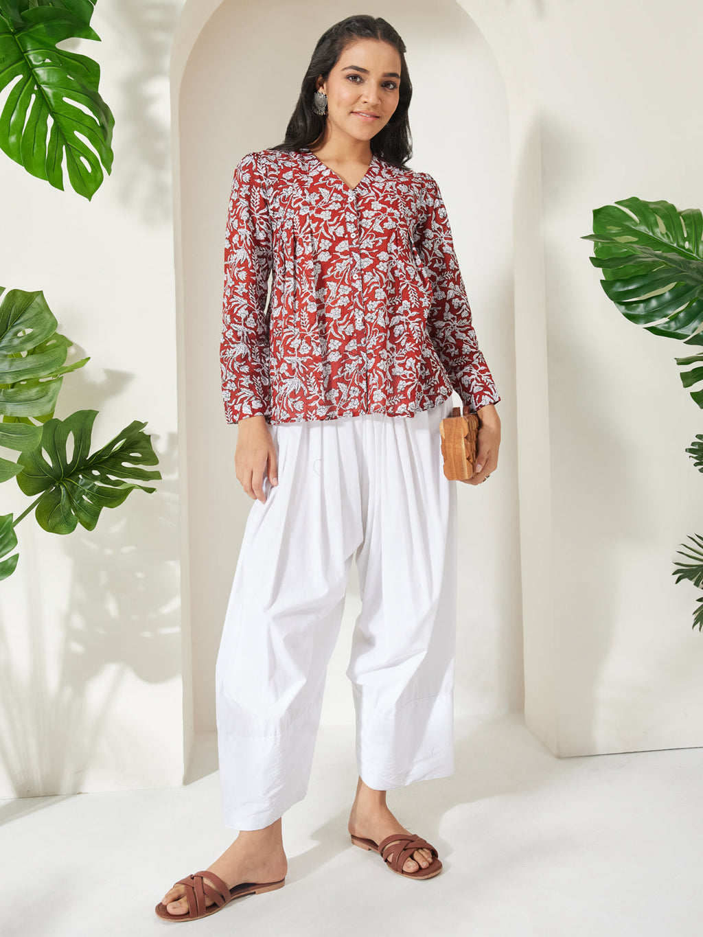 Janasya Rust Shirt Style Cotton Top | Grocsy