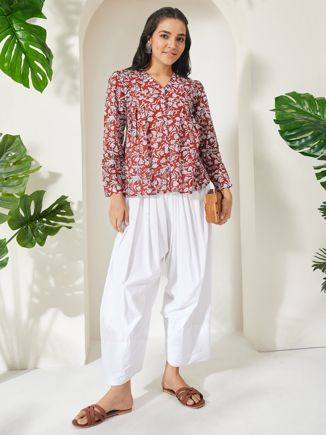 Janasya Rust Shirt Style Cotton Top | Grocsy
