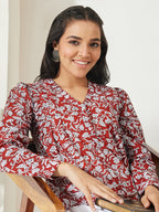 Janasya Rust Shirt Style Cotton Top | Grocsy