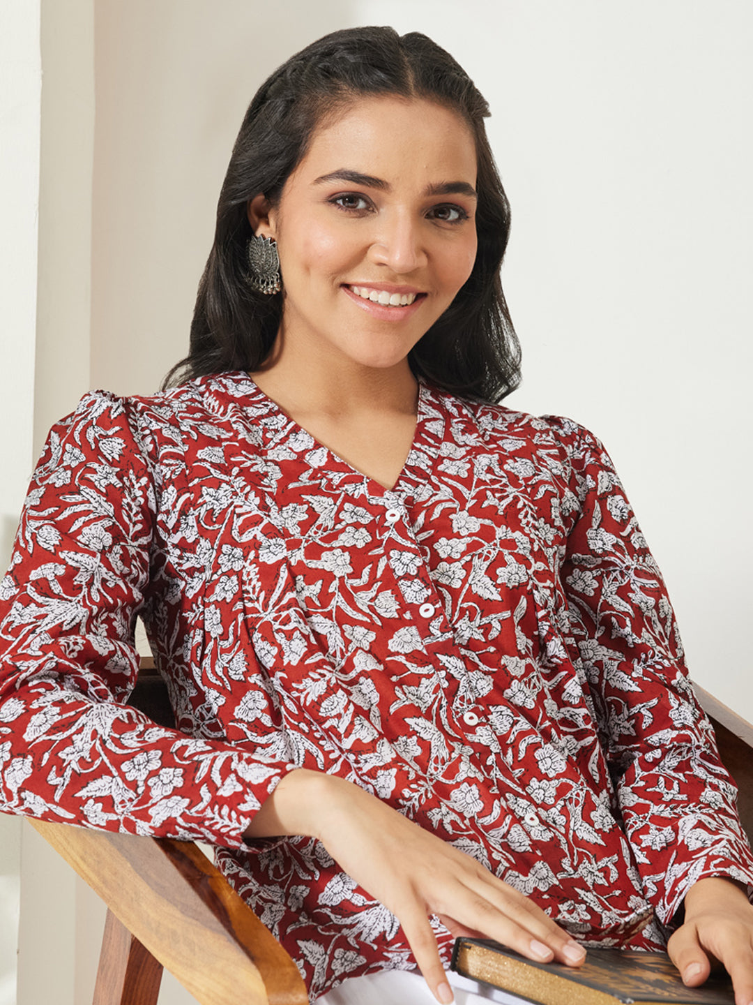 Janasya Rust Shirt Style Cotton Top | Grocsy