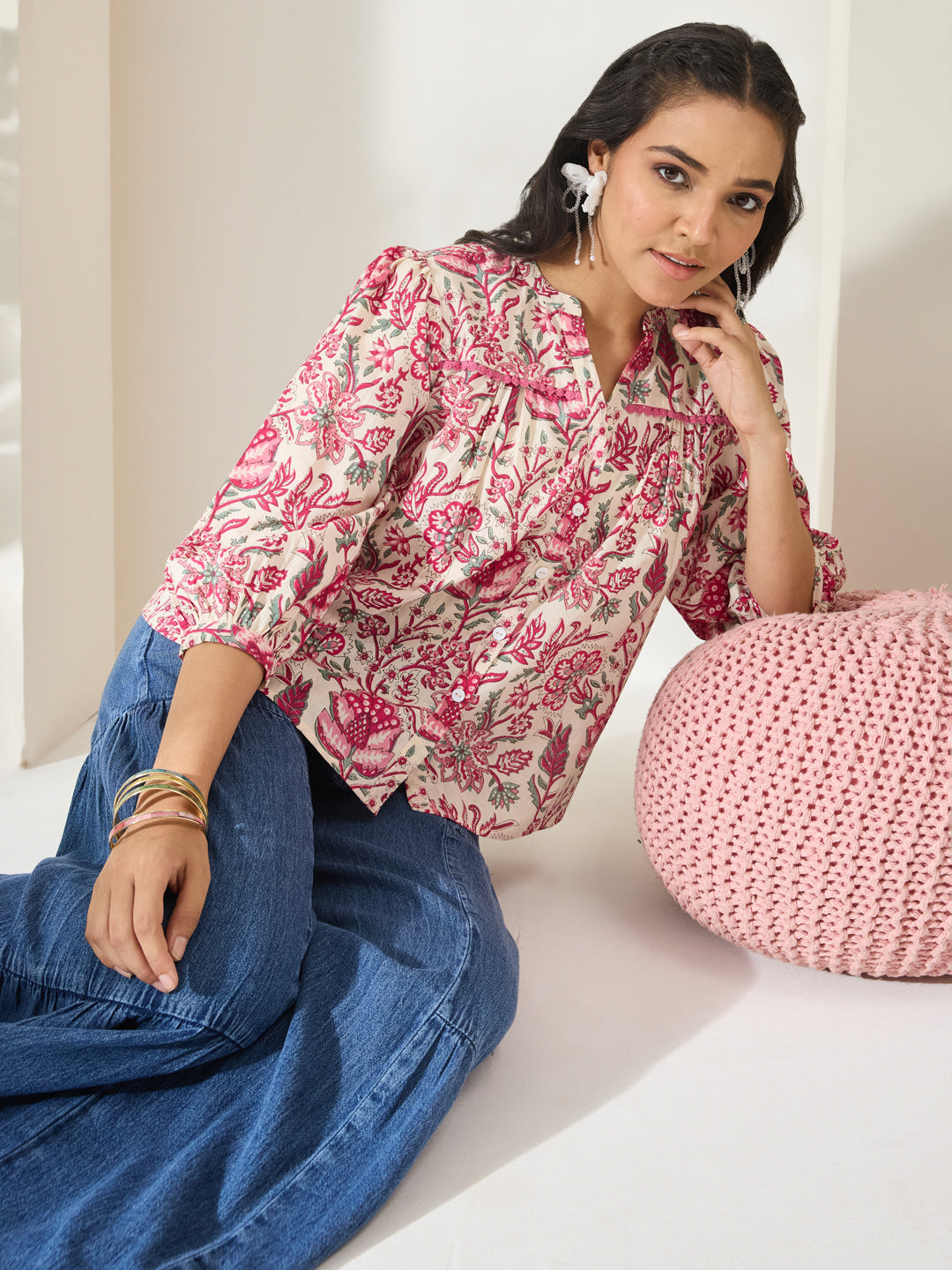 Janasya Cream Shirt Style Cotton Top | Grocsy