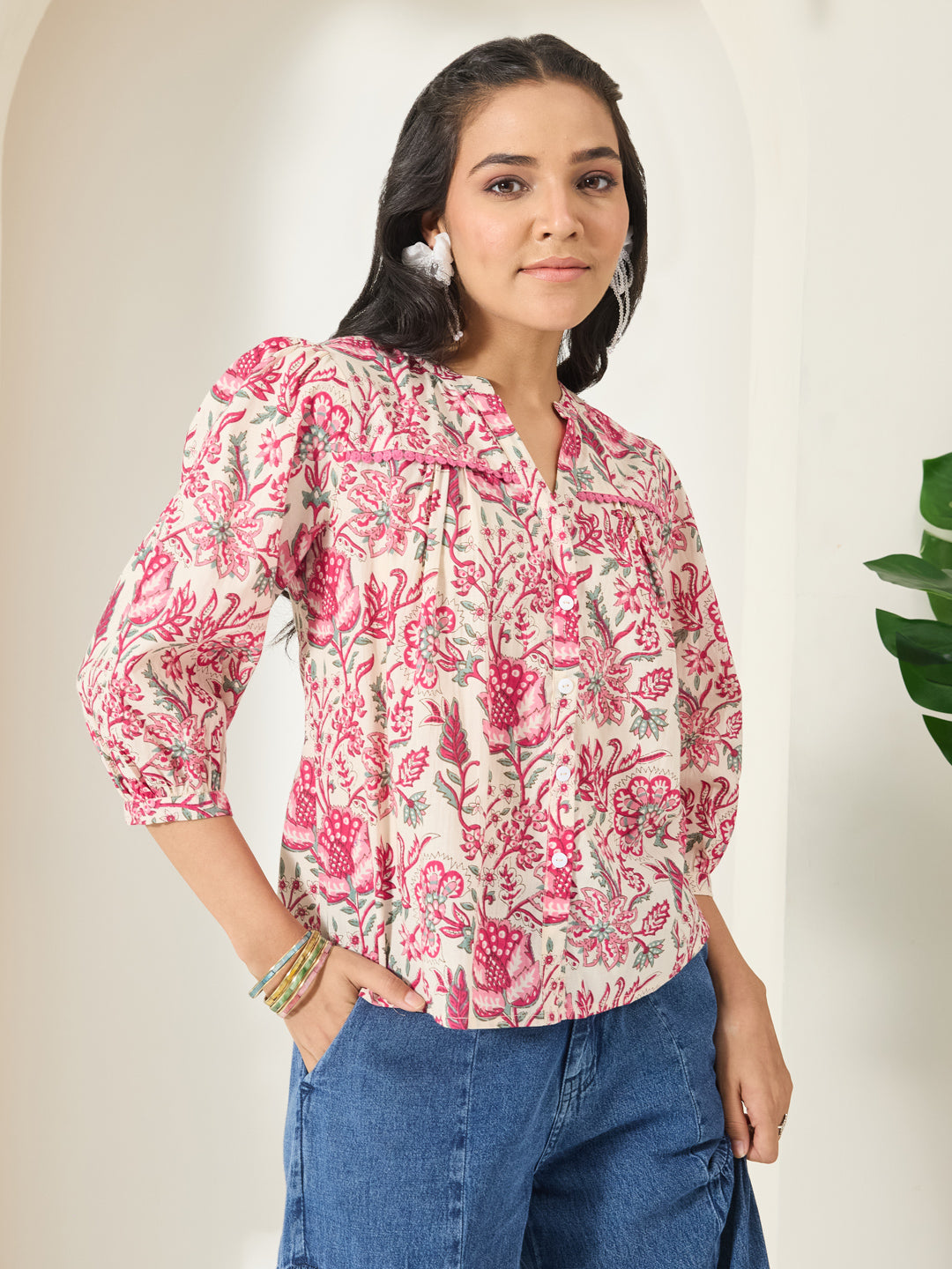 Janasya Cream Shirt Style Cotton Top | Grocsy