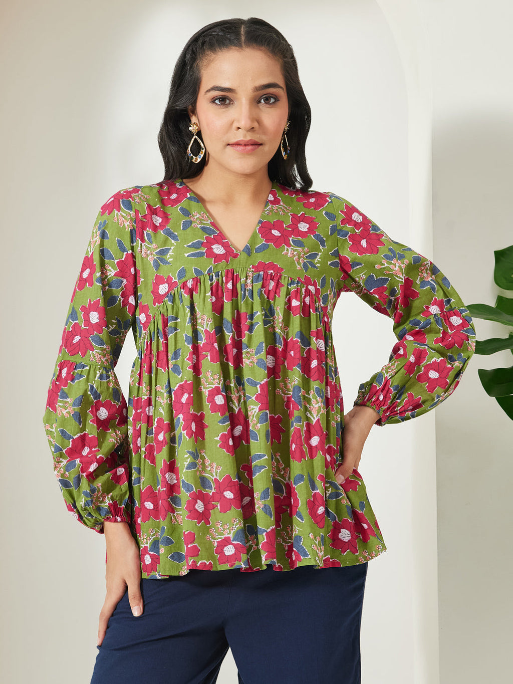 Janasya Green A-Line Cotton Top | Grocsy