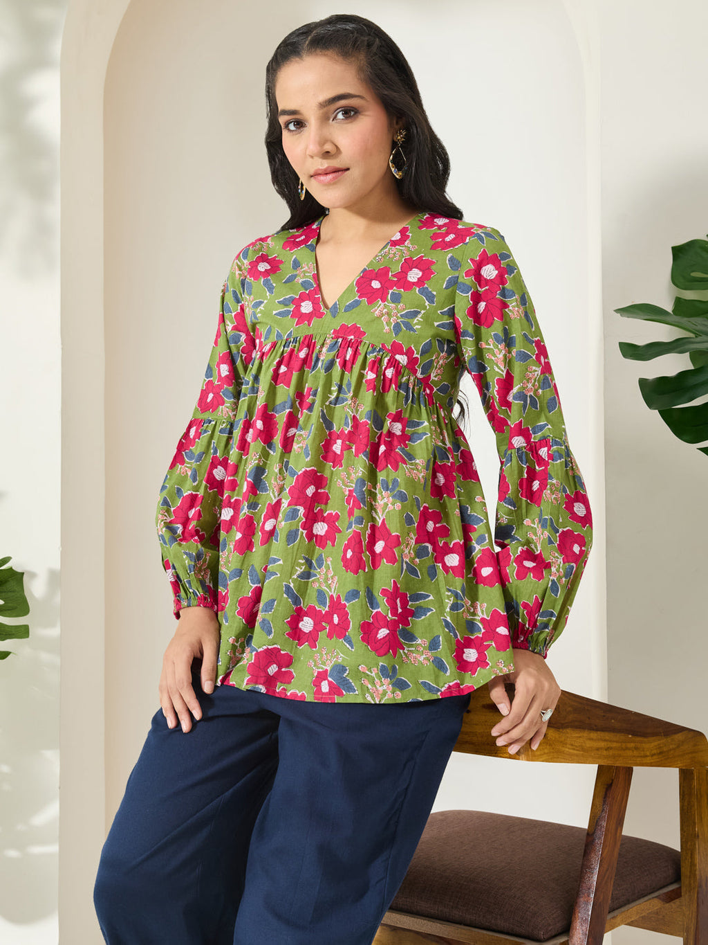 Janasya Green A-Line Cotton Top | Grocsy