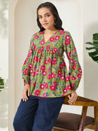 Janasya Green A-Line Cotton Top | Grocsy