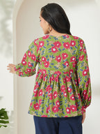 Janasya Green A-Line Cotton Top | Grocsy