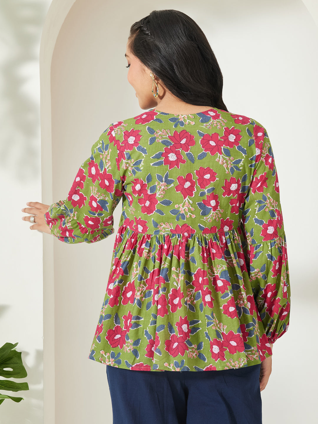 Janasya Green A-Line Cotton Top | Grocsy