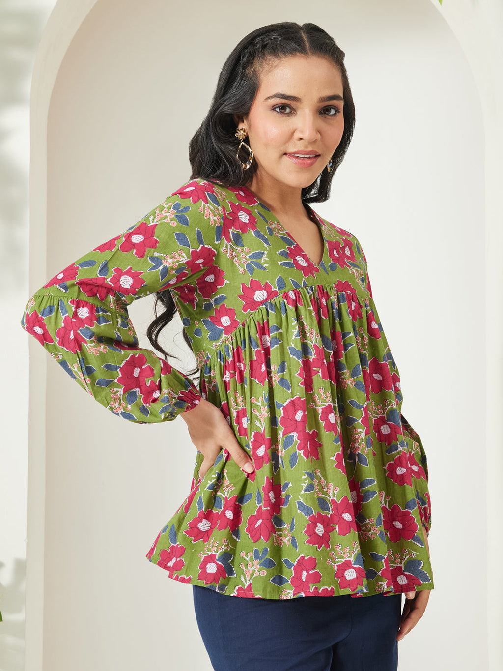 Janasya Green A-Line Cotton Top | Grocsy