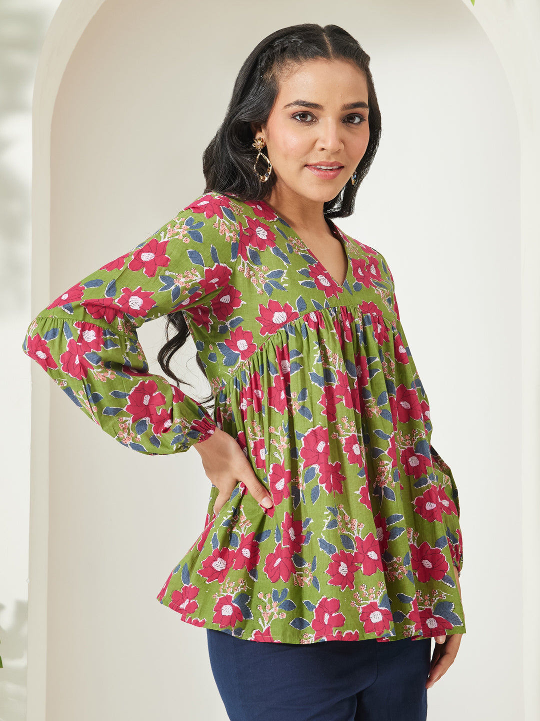 Janasya Green A-Line Cotton Top | Grocsy