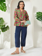 Janasya Green A-Line Cotton Top | Grocsy