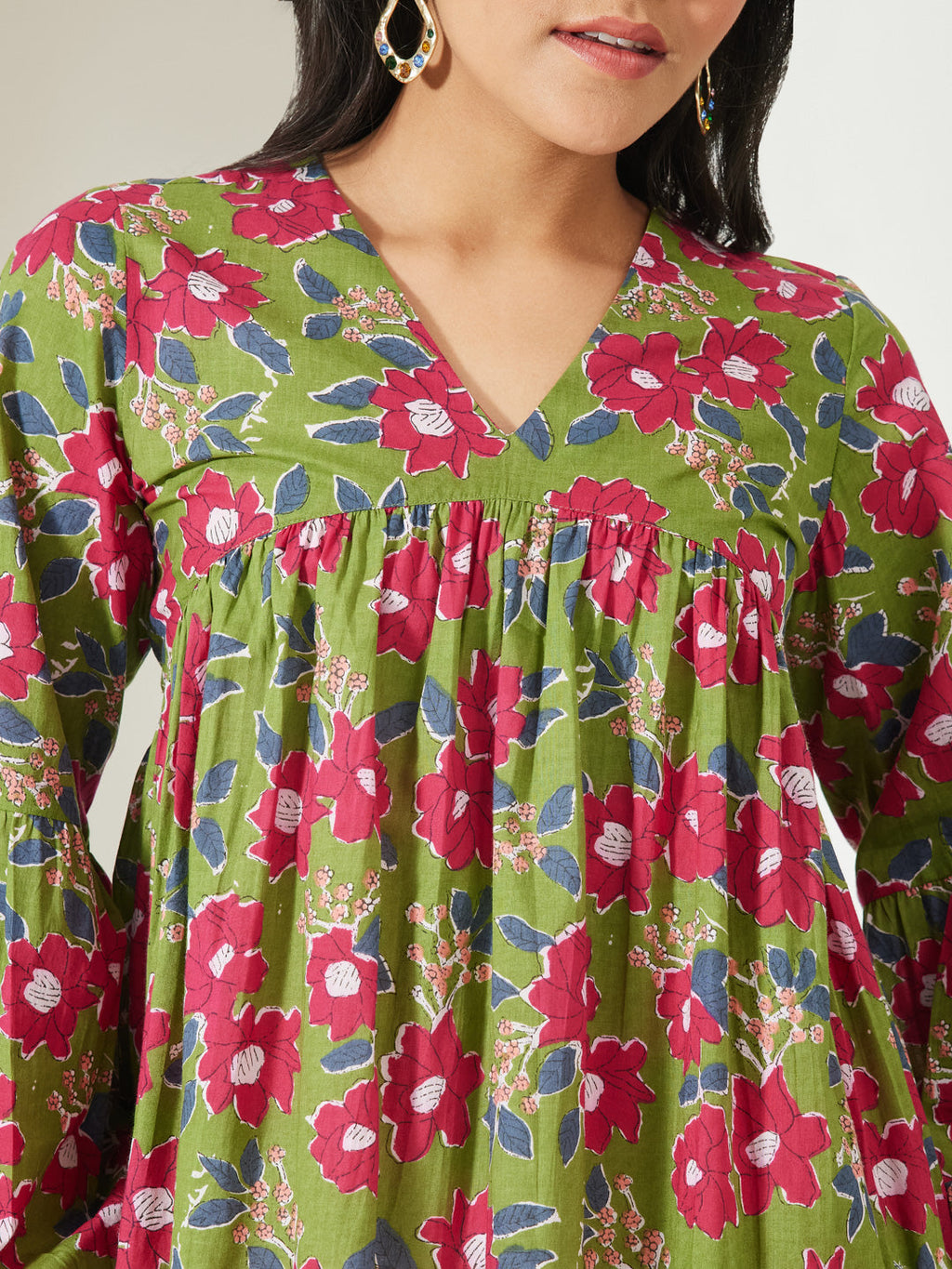 Janasya Green A-Line Cotton Top | Grocsy