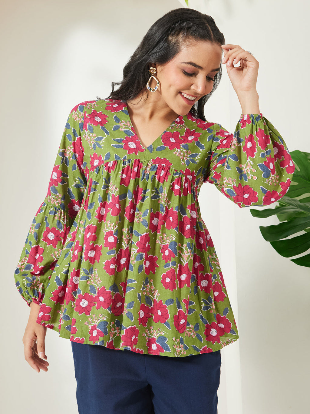 Janasya Green A-Line Cotton Top | Grocsy
