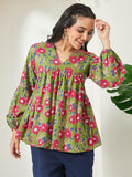 Janasya Green A-Line Cotton Top | Grocsy