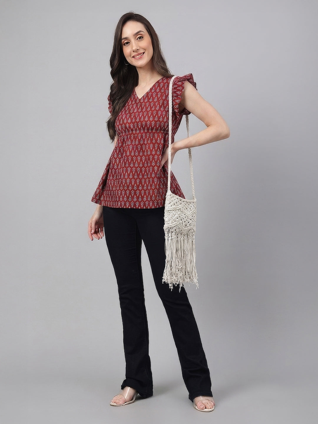 Janasya Maroon Peplum Cotton Top | Grocsy