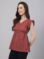 Janasya Maroon Peplum Cotton Top | Grocsy