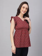 Janasya Maroon Peplum Cotton Top | Grocsy