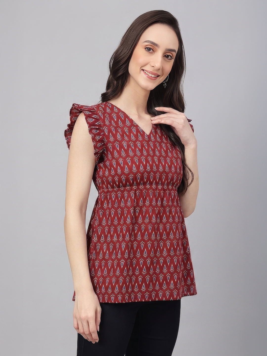Janasya Maroon Peplum Cotton Top | Grocsy
