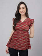 Janasya Maroon Peplum Cotton Top | Grocsy