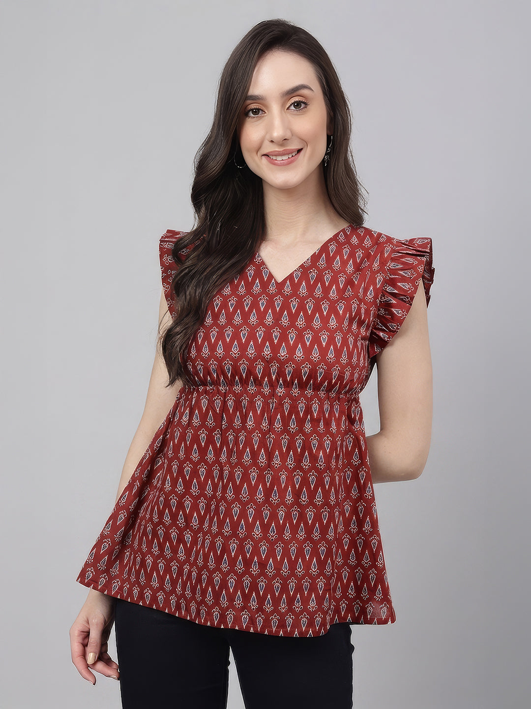 Janasya Maroon Peplum Cotton Top | Grocsy
