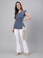 Janasya Indigo Fit & Flare Cotton Top | Grocsy
