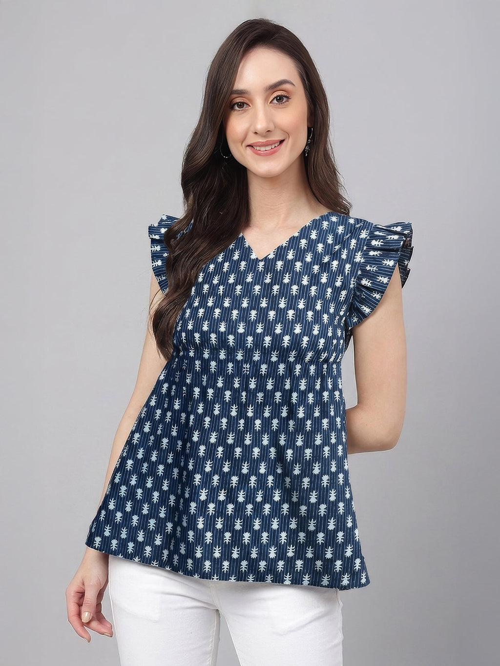 Janasya Indigo Fit & Flare Cotton Top | Grocsy