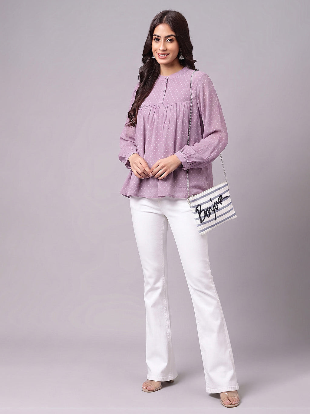 Janasya Lavender Gathered Dobby Chiffon Top | Grocsy