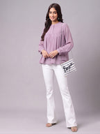Janasya Lavender Gathered Dobby Chiffon Top | Grocsy
