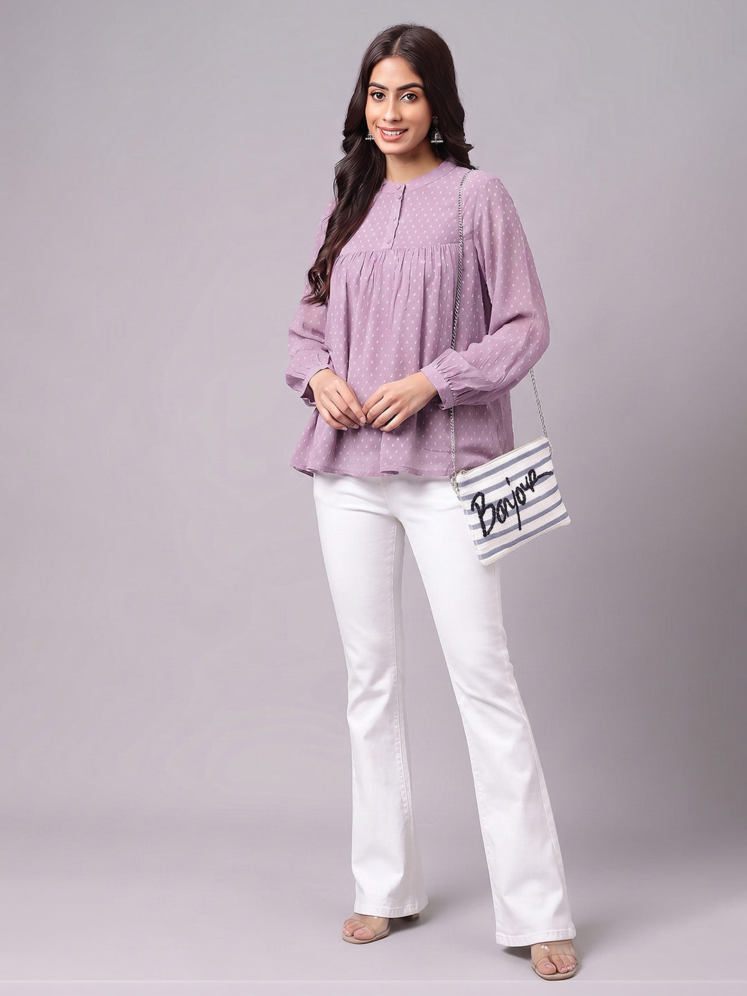 Janasya Lavender Gathered Dobby Chiffon Top | Grocsy