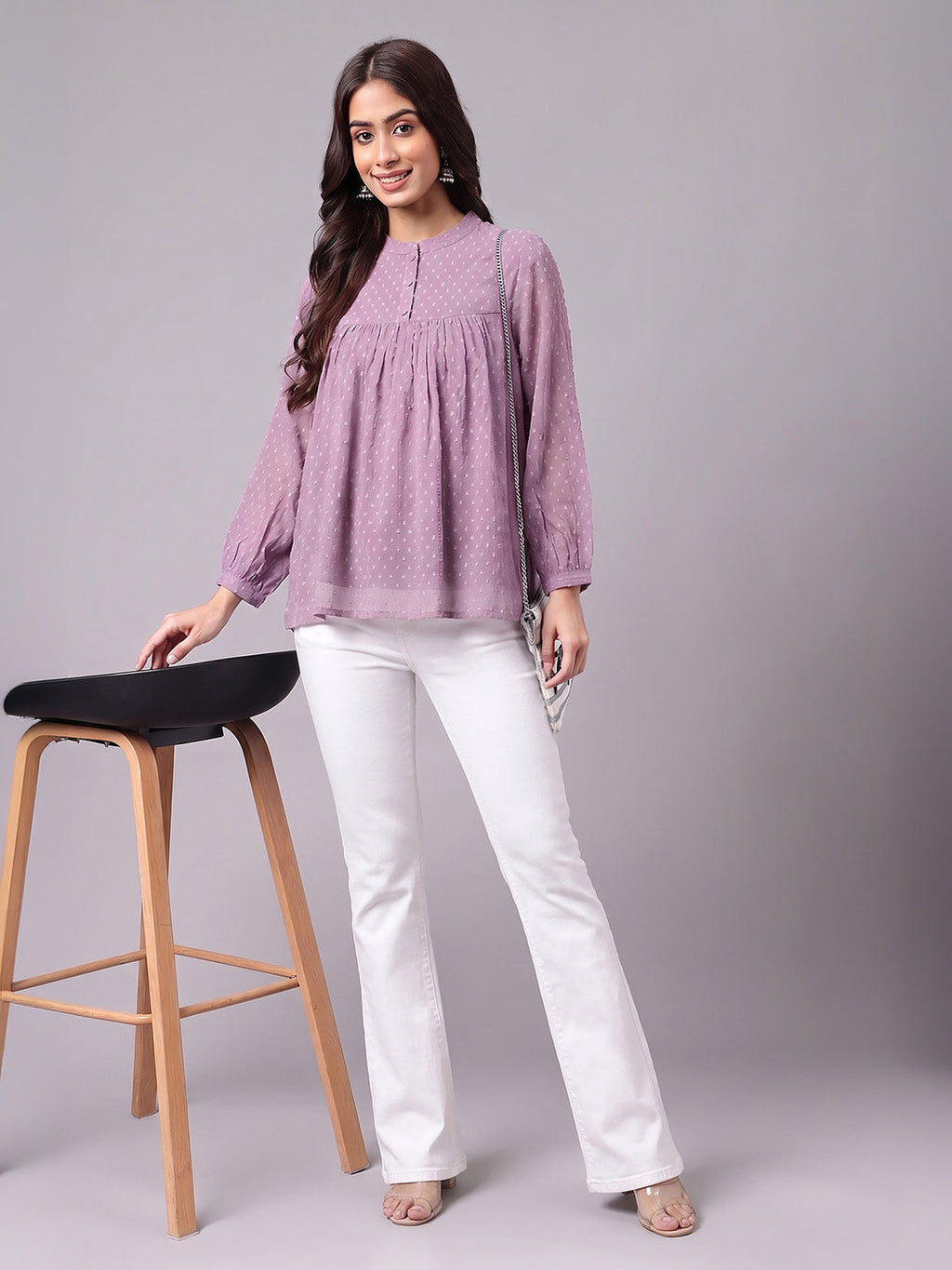 Janasya Lavender Gathered Dobby Chiffon Top | Grocsy