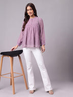 Janasya Lavender Gathered Dobby Chiffon Top | Grocsy