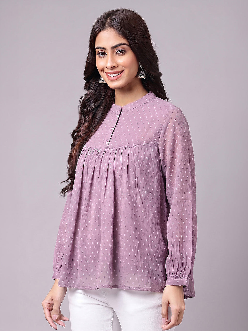 Janasya Lavender Gathered Dobby Chiffon Top | Grocsy