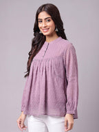 Janasya Lavender Gathered Dobby Chiffon Top | Grocsy