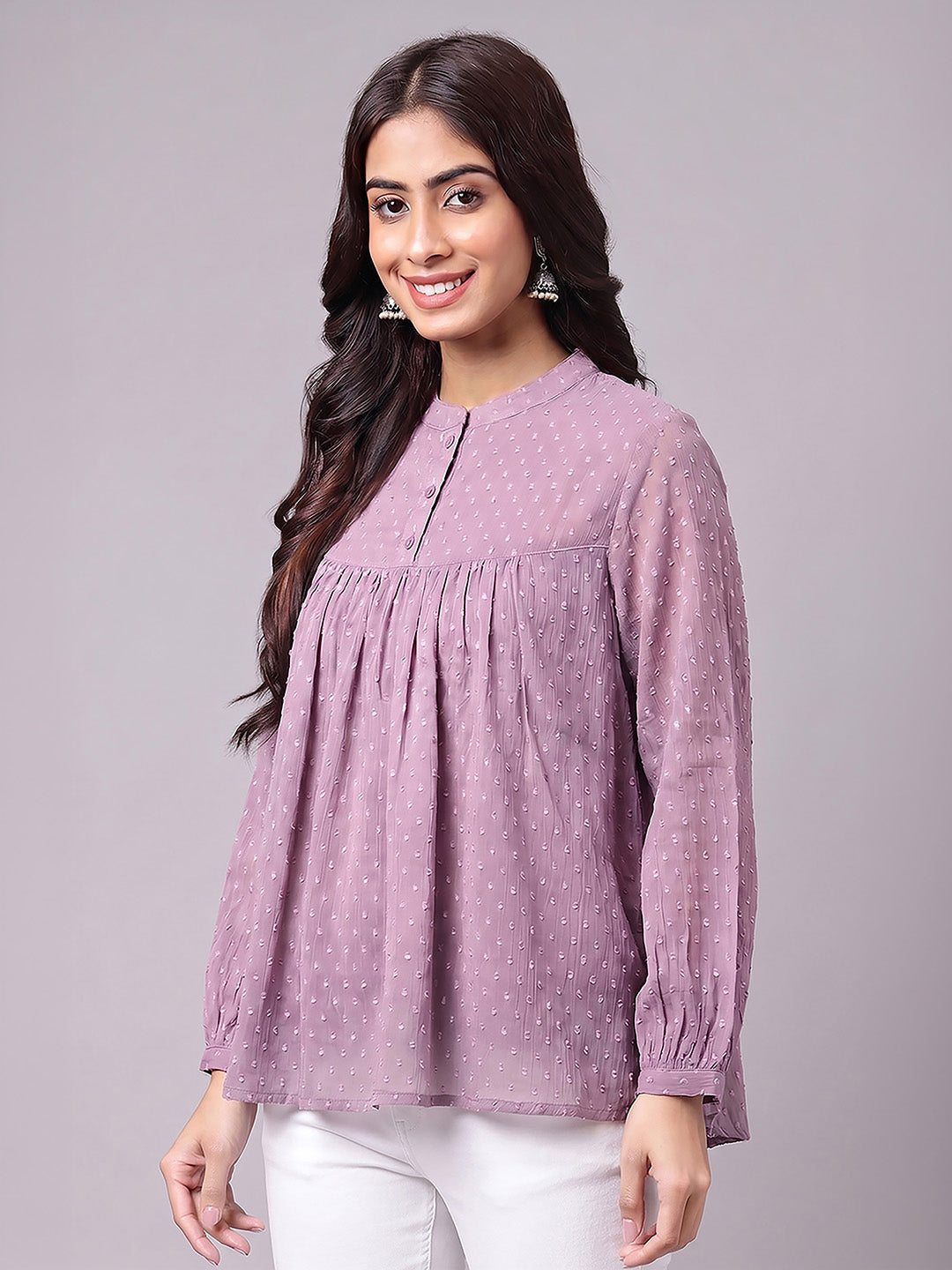 Janasya Lavender Gathered Dobby Chiffon Top | Grocsy