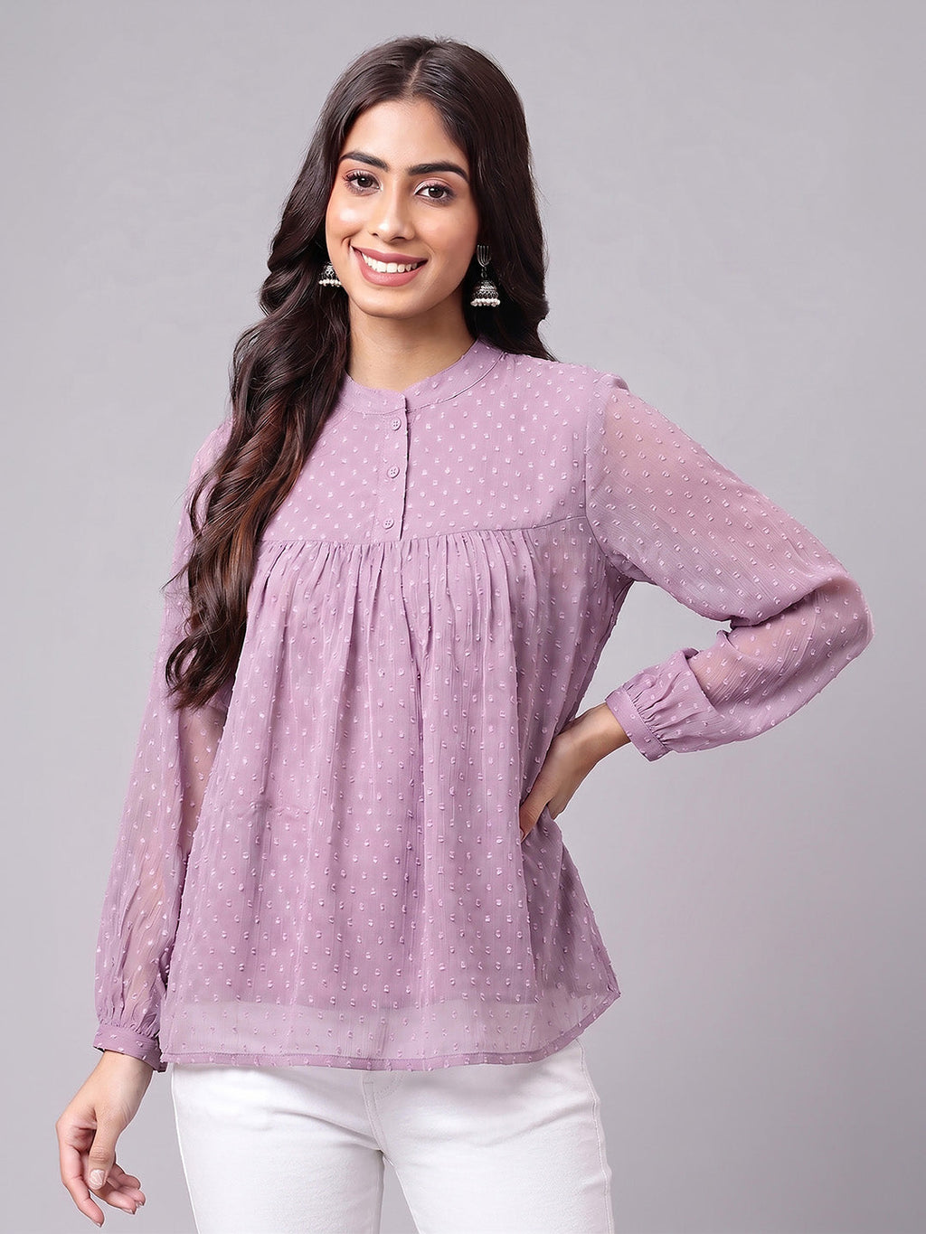 Janasya Lavender Gathered Dobby Chiffon Top | Grocsy