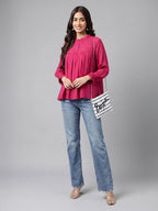 Janasya Magenta Gathered Dobby Chiffon Top | Grocsy