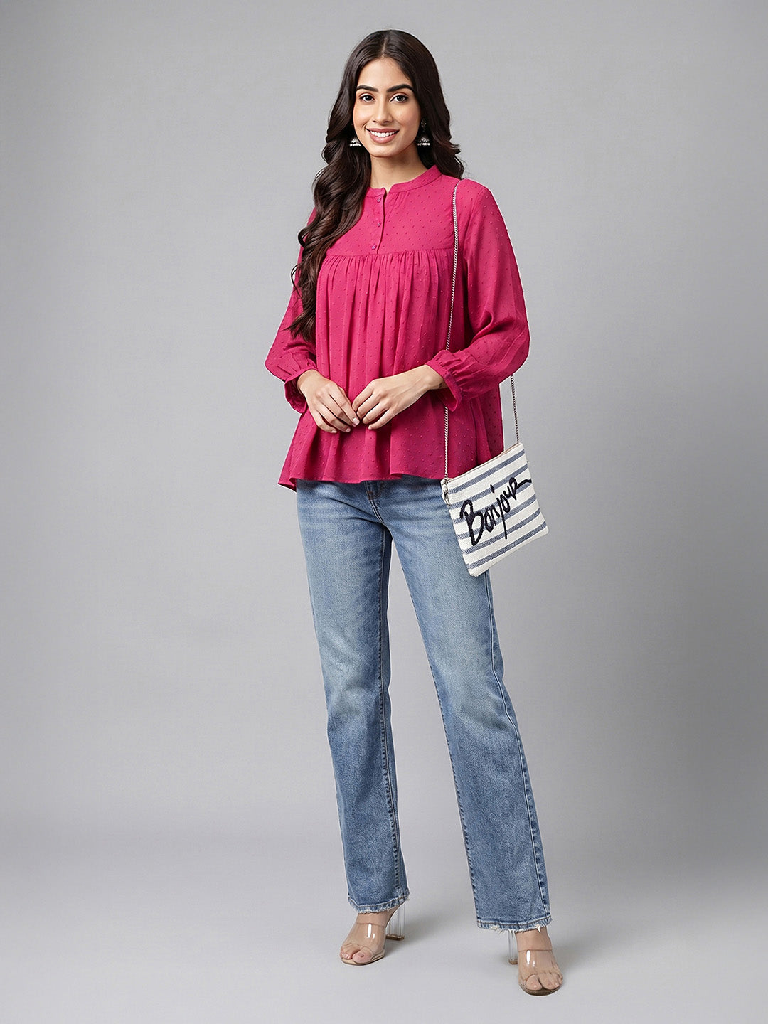 Janasya Magenta Gathered Dobby Chiffon Top | Grocsy