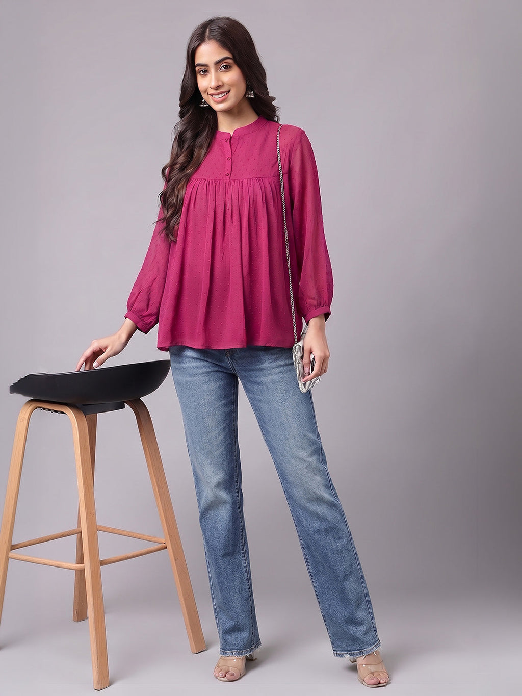 Janasya Magenta Gathered Dobby Chiffon Top | Grocsy