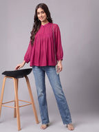 Janasya Magenta Gathered Dobby Chiffon Top | Grocsy