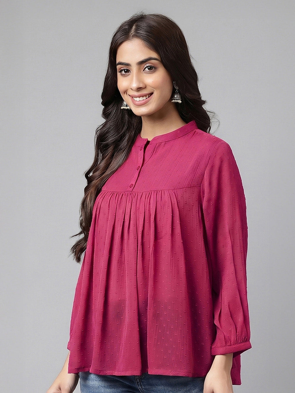 Janasya Magenta Gathered Dobby Chiffon Top | Grocsy