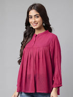 Janasya Magenta Gathered Dobby Chiffon Top | Grocsy