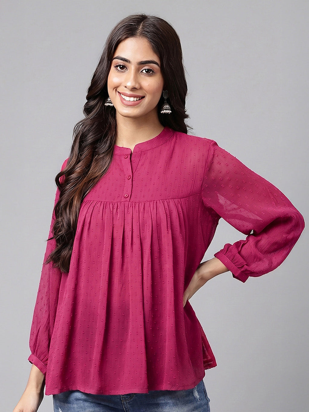 Janasya Magenta Gathered Dobby Chiffon Top | Grocsy