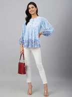 Janasya Sky Blue Gathered Dobby Georgette Top | Grocsy
