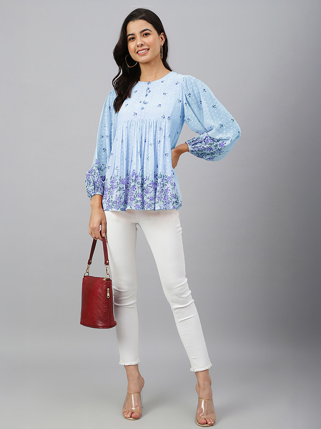 Janasya Sky Blue Gathered Dobby Georgette Top | Grocsy