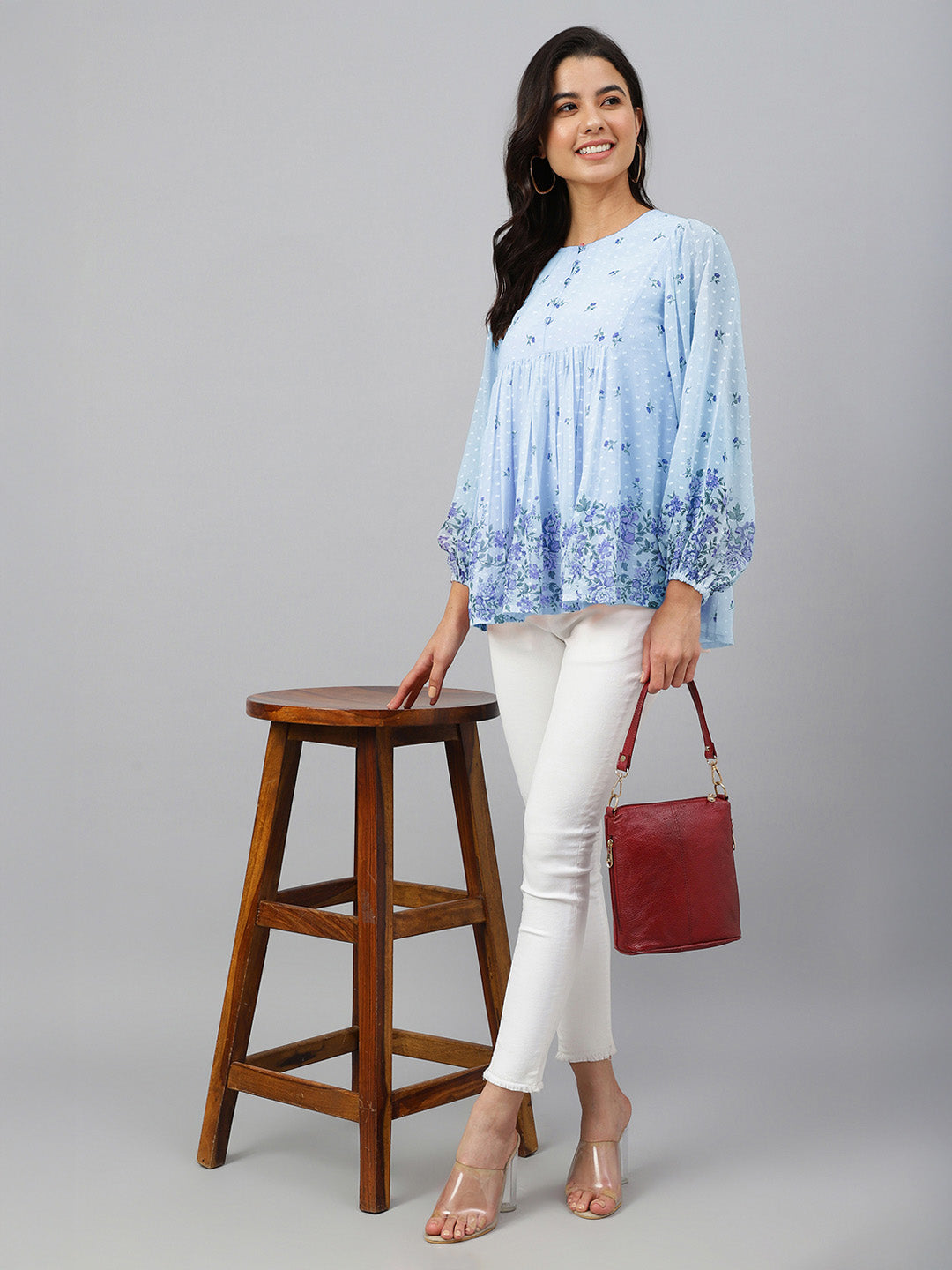Janasya Sky Blue Gathered Dobby Georgette Top | Grocsy