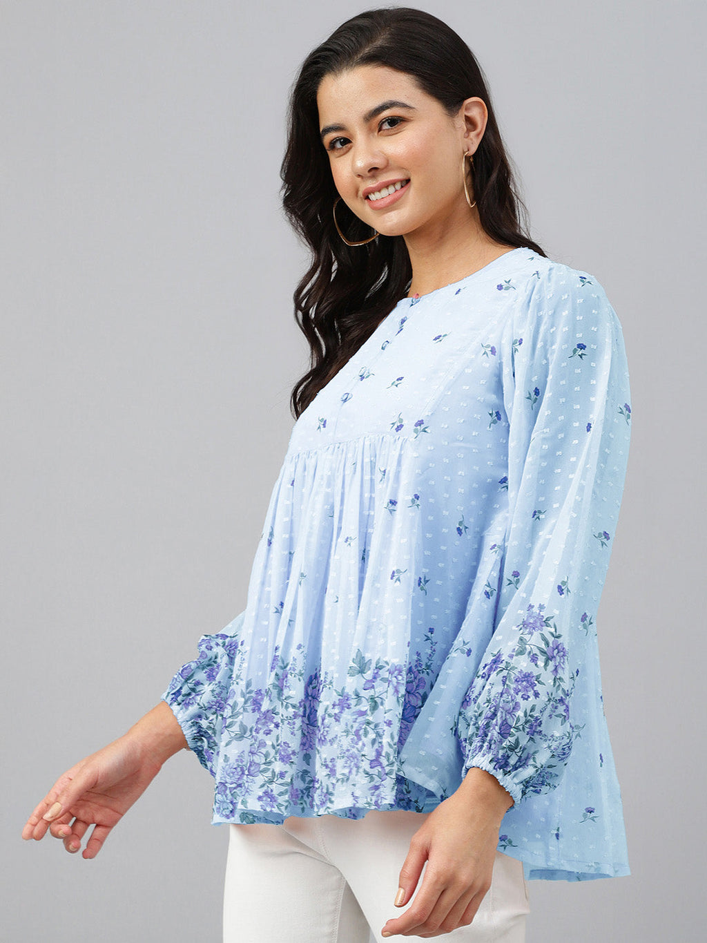 Janasya Sky Blue Gathered Dobby Georgette Top | Grocsy
