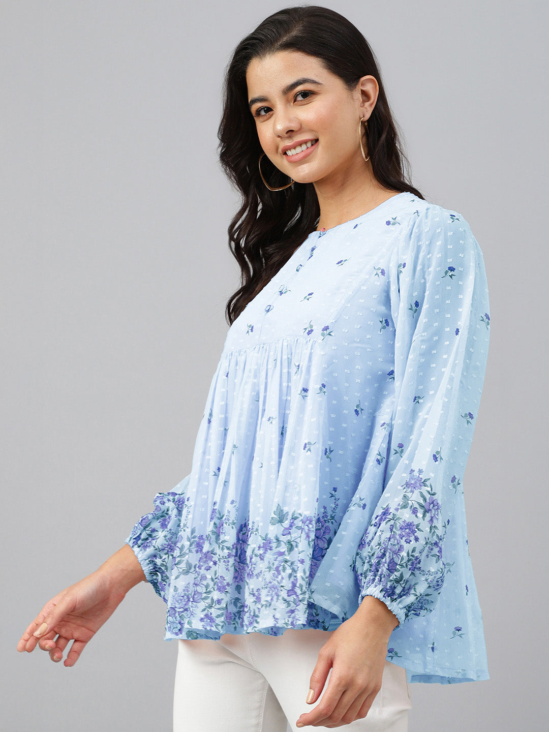 Janasya Sky Blue Gathered Dobby Georgette Top | Grocsy